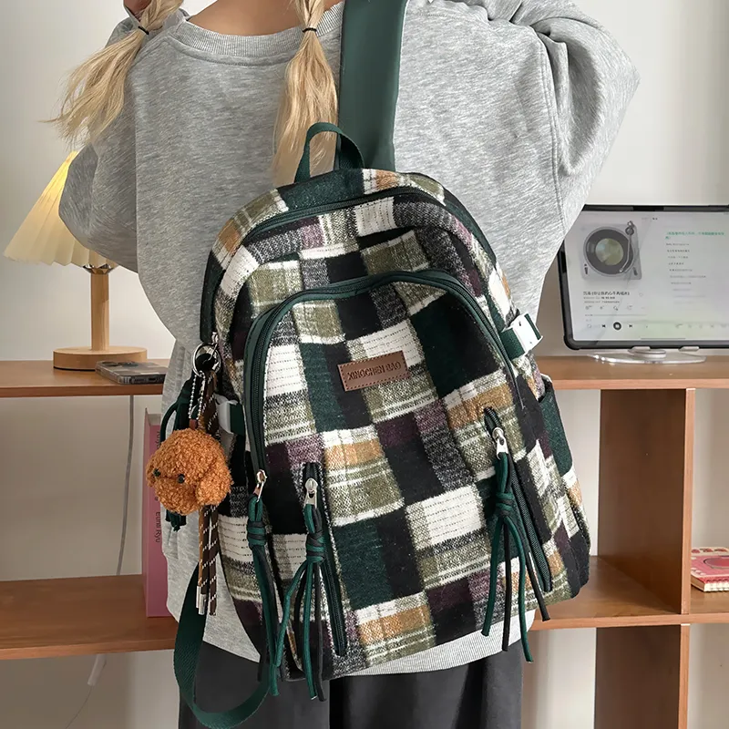 Alcohol Dragon Nylon Backpack Unisex Yellow Plaid/Green Plaid/Red Plaid-10