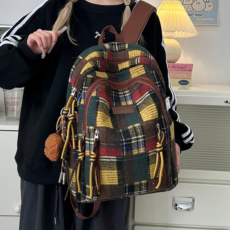 Alcohol Dragon Nylon Backpack Unisex Yellow Plaid/Green Plaid/Red Plaid-6