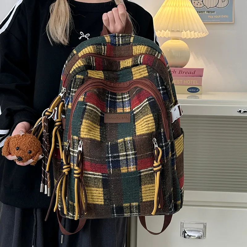Alcohol Dragon Nylon Backpack Unisex Yellow Plaid/Green Plaid/Red Plaid-7