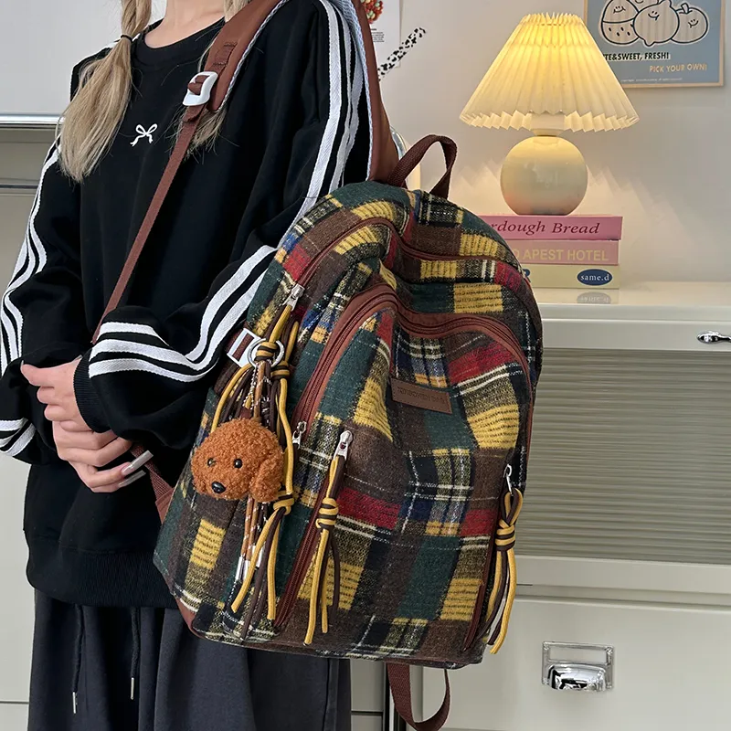 Alcohol Dragon Nylon Backpack Unisex Yellow Plaid/Green Plaid/Red Plaid-5