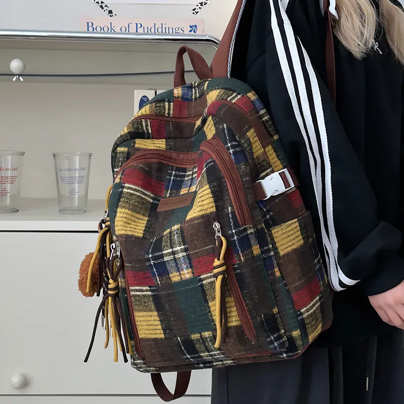 Alcohol Dragon Nylon Backpack Unisex Yellow Plaid/Green Plaid/Red Plaid-1