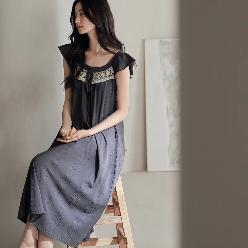 XUANZHITING Nightgown Women's Navy Blue-4