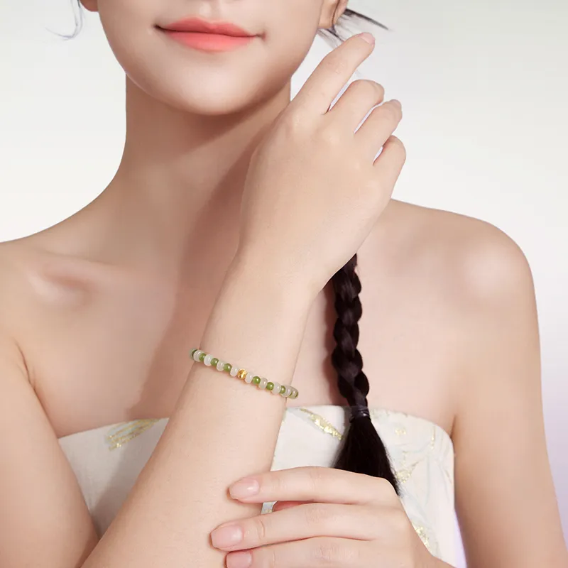 ZHOU LIU FU Solid Gold Hetian Jade Bracelets Women's White Jade-3