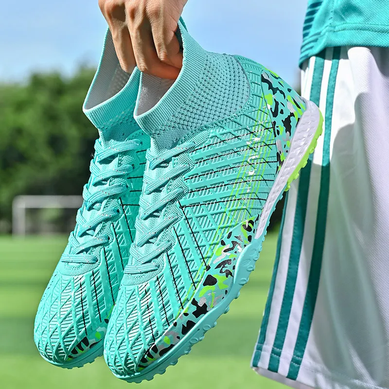 QIUTEXIONG Soccer Shoes Unisex High Top White/Black/Aqua-27
