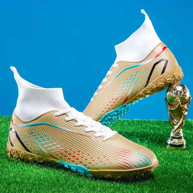 QIUTEXIONG Soccer Shoes Unisex High Top Aqua/White/Gold/Black-11
