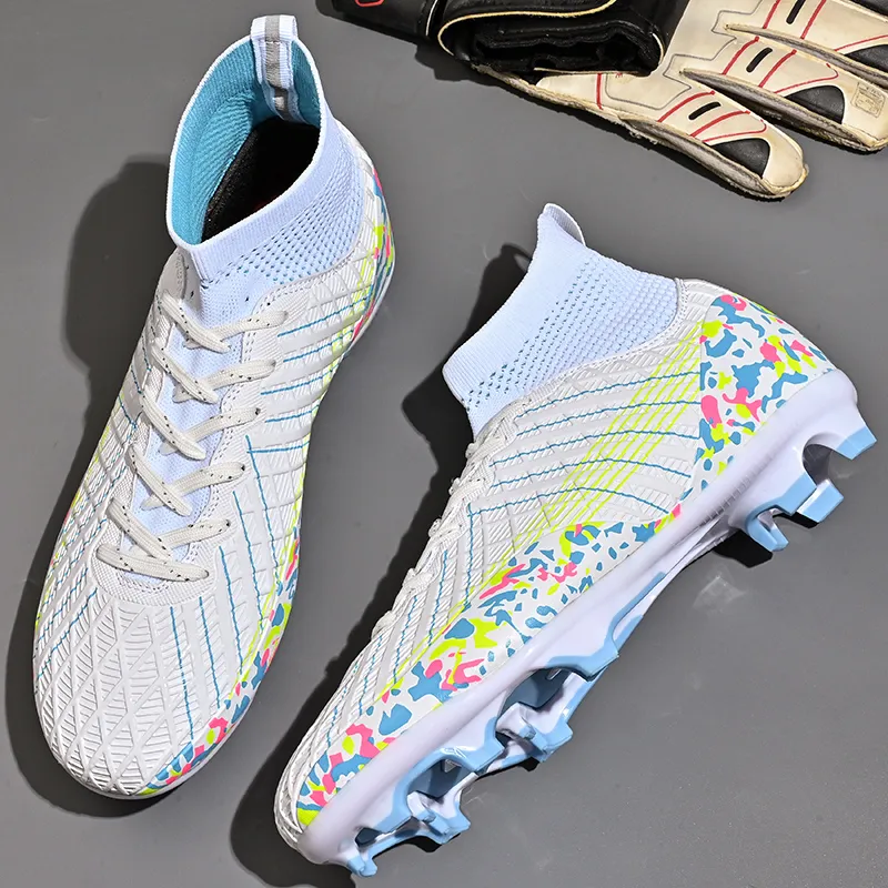 QIUTEXIONG Soccer Shoes Unisex High Top White/Black/Aqua-1