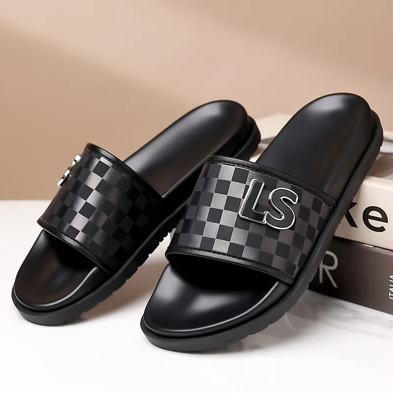 QIUTEXIONG PU Polyurethane Rubber Sole Slip Resistant Abrasion Resistant Slide Slippers Men's Black-3