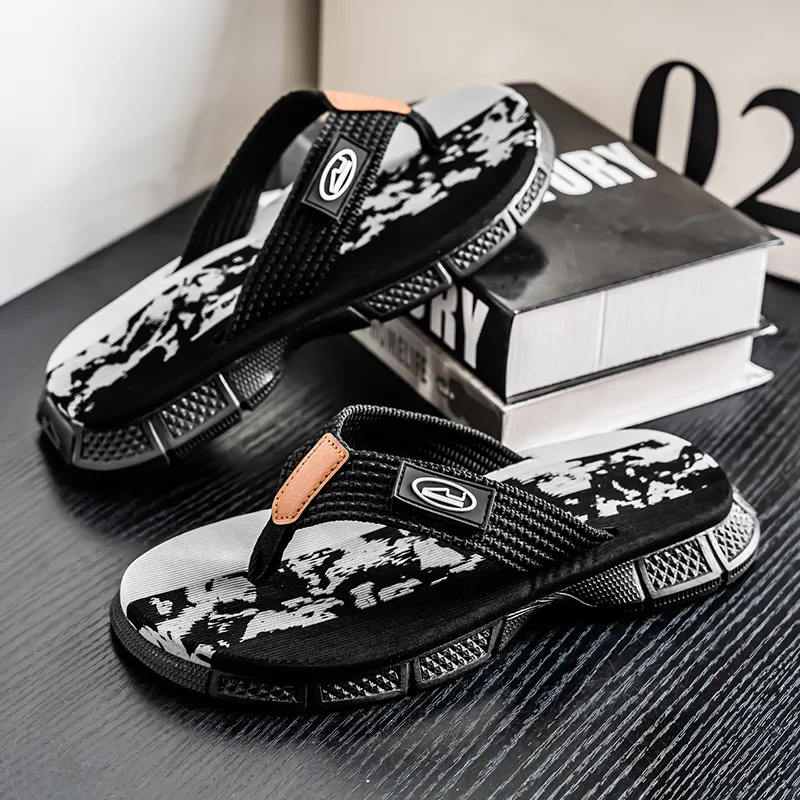 QIUTEXIONG Leather Patchwork Abrasion Resistant Slip Resistant Flip Flops Men's-4