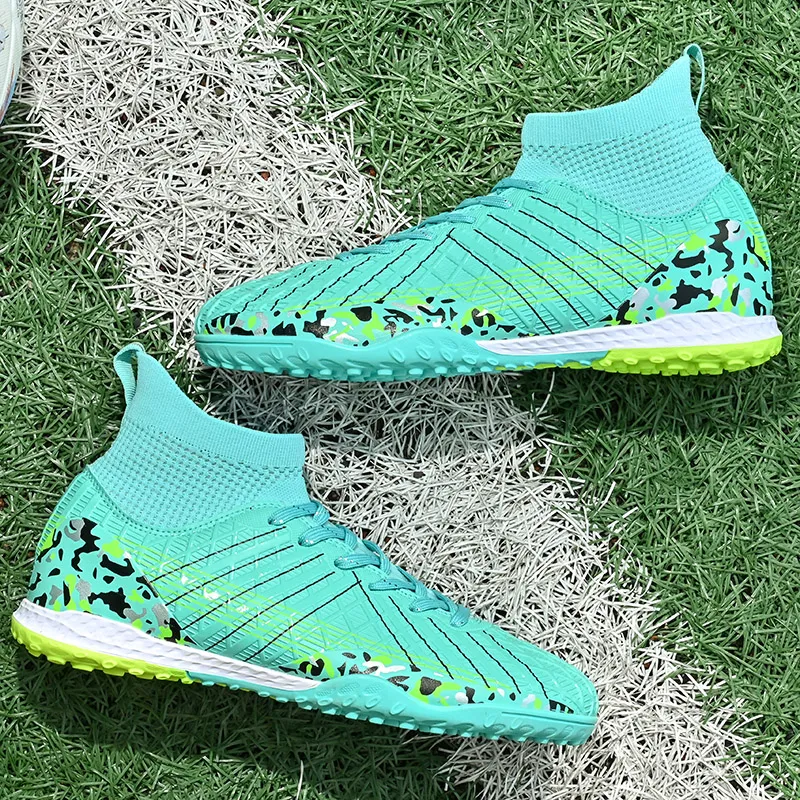 QIUTEXIONG Soccer Shoes Unisex High Top White/Black/Aqua-26