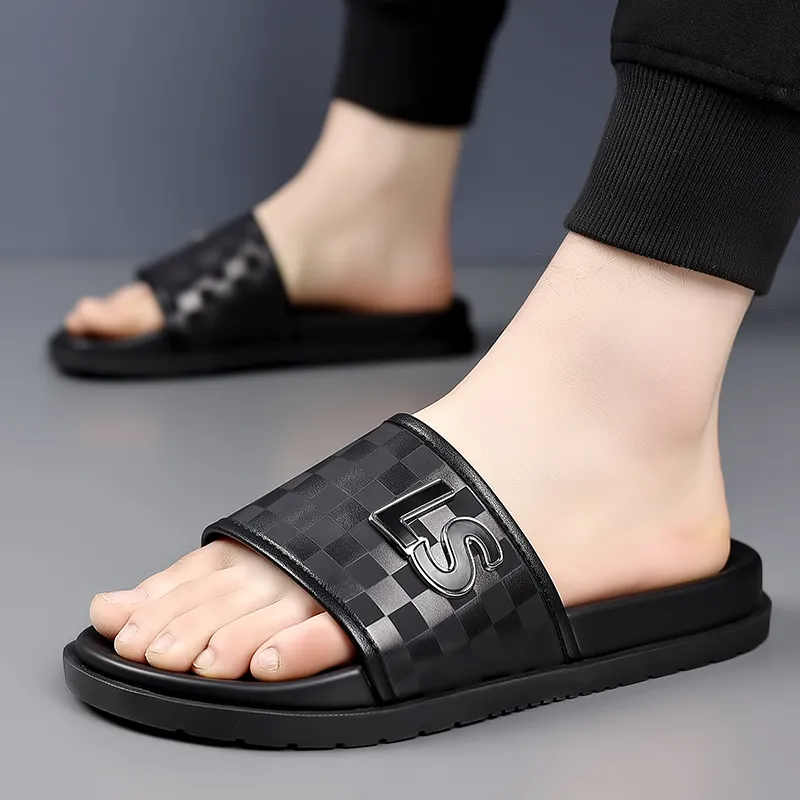 QIUTEXIONG PU Polyurethane Rubber Sole Slip Resistant Abrasion Resistant Slide Slippers Men's Black-1