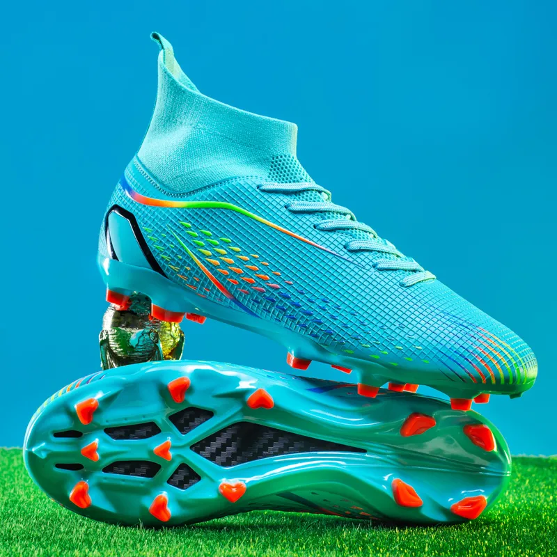 QIUTEXIONG Soccer Shoes Unisex High Top Aqua/White/Gold/Black-24