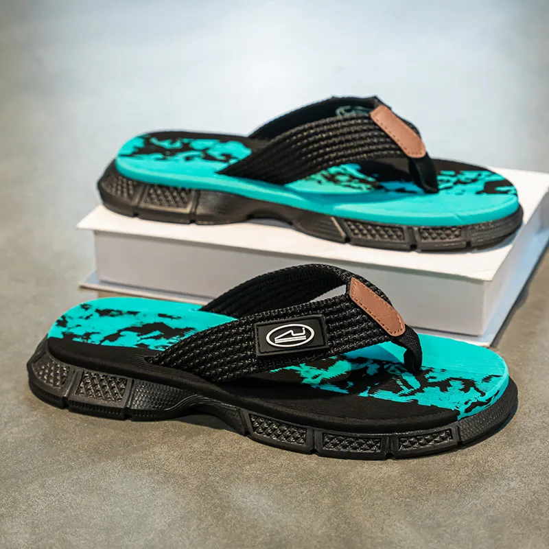QIUTEXIONG Leather Patchwork Abrasion Resistant Slip Resistant Flip Flops Men's-14