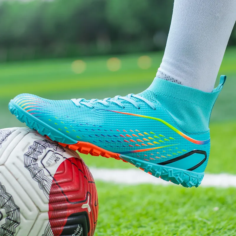 QIUTEXIONG Soccer Shoes Unisex High Top Aqua/White/Gold/Black-2