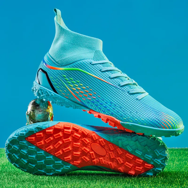 QIUTEXIONG Soccer Shoes Unisex High Top Aqua/White/Gold/Black-3