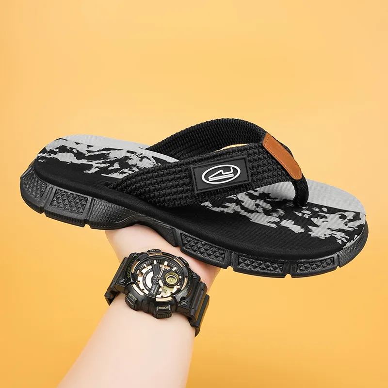 QIUTEXIONG Leather Patchwork Abrasion Resistant Slip Resistant Flip Flops Men's-2