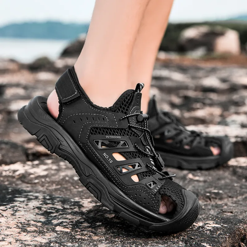 QIUTEXIONG Slip Resistant Breathable Abrasion Resistant River Trekking Shoes Men's Black-3