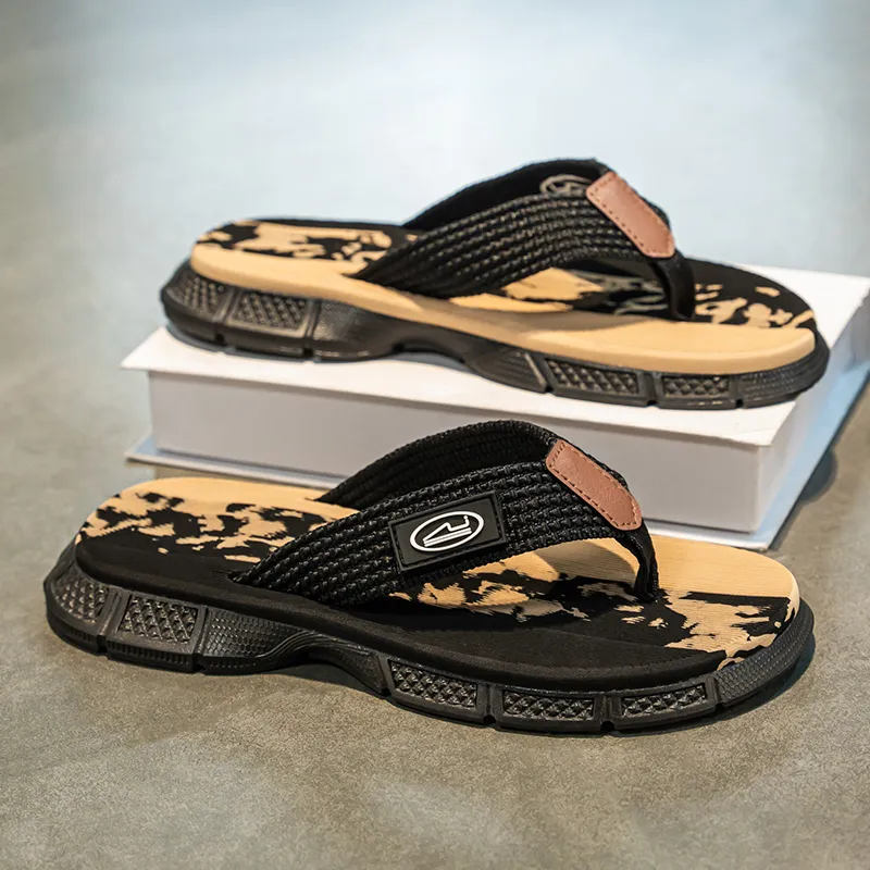QIUTEXIONG Leather Patchwork Abrasion Resistant Slip Resistant Flip Flops Men's-9