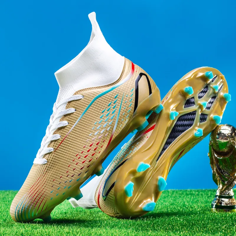QIUTEXIONG Soccer Shoes Unisex High Top Aqua/White/Gold/Black-34