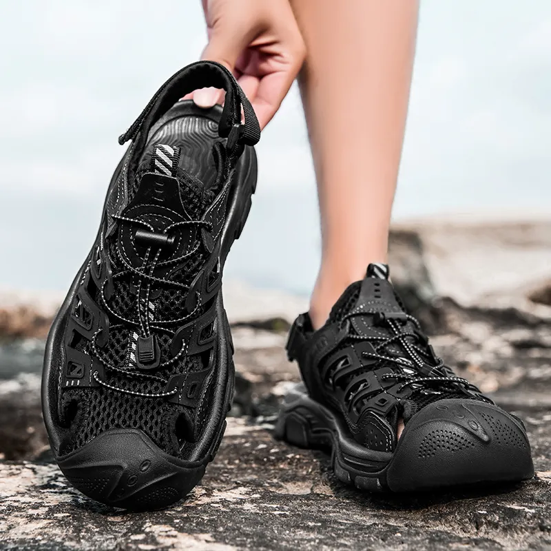 QIUTEXIONG Slip Resistant Breathable Abrasion Resistant River Trekking Shoes Men's Black-2
