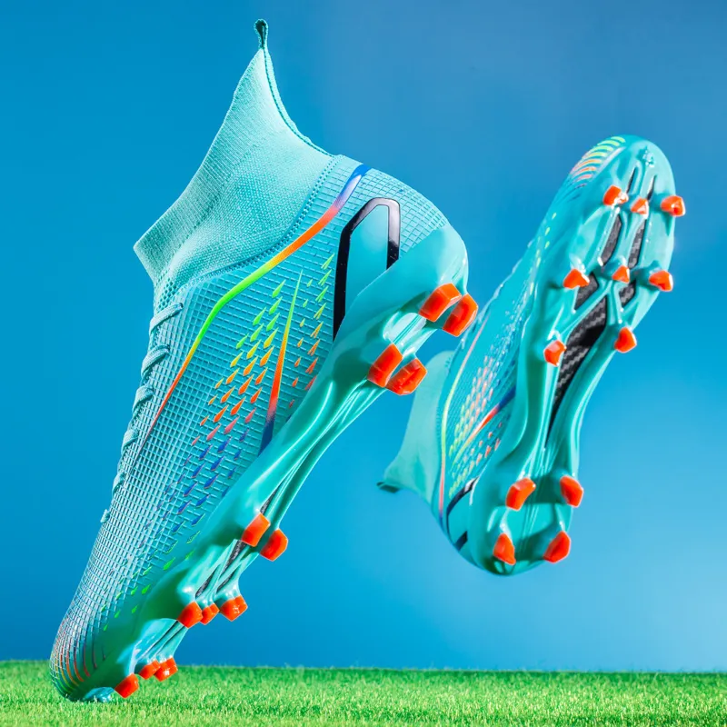 QIUTEXIONG Soccer Shoes Unisex High Top Aqua/White/Gold/Black-22