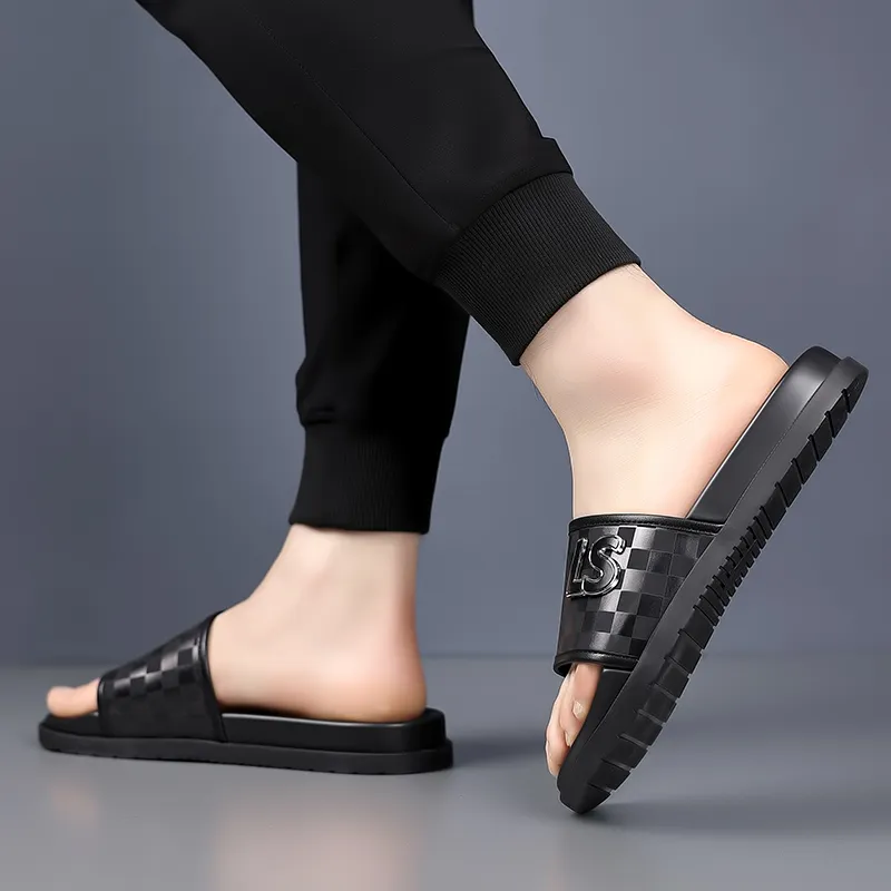QIUTEXIONG PU Polyurethane Rubber Sole Slip Resistant Abrasion Resistant Slide Slippers Men's Black-2