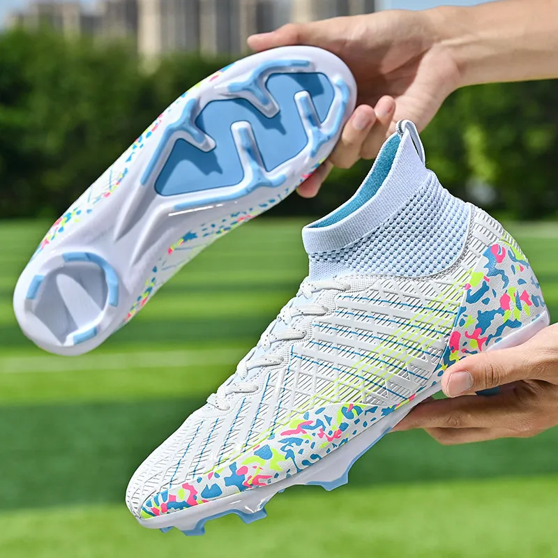 QIUTEXIONG Soccer Shoes Unisex High Top White/Black/Aqua-3