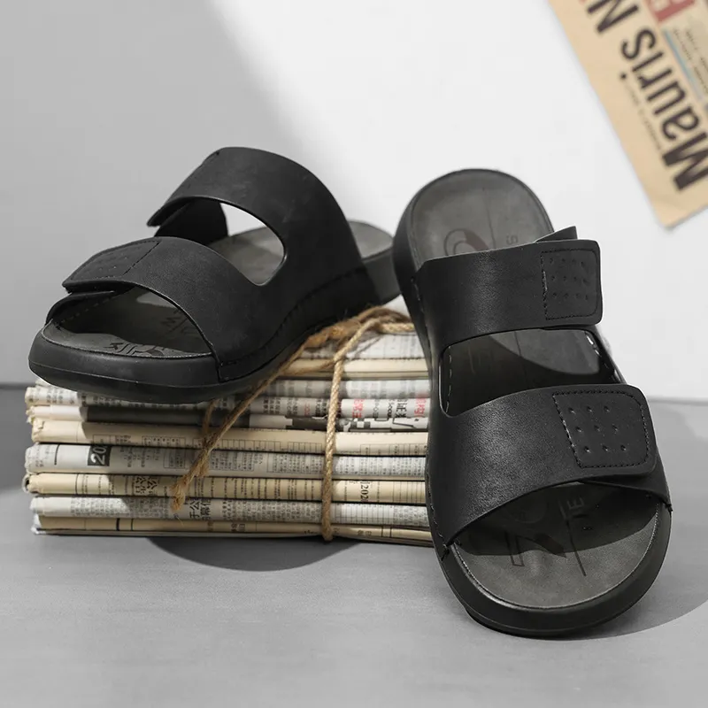 QIUTEXIONG Rubber Sole Leather Patchwork Slip Resistant Abrasion Resistant Slide Slippers Men's-5