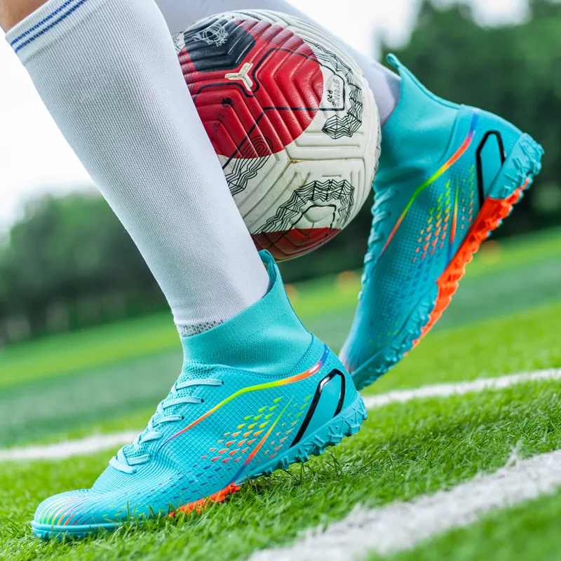 QIUTEXIONG Soccer Shoes Unisex High Top Aqua/White/Gold/Black-1