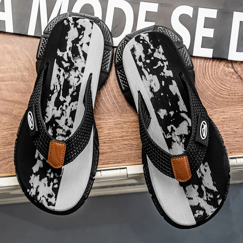 QIUTEXIONG Leather Patchwork Abrasion Resistant Slip Resistant Flip Flops Men's-3