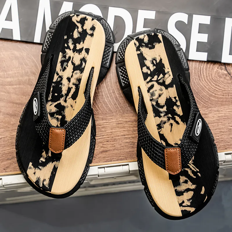 QIUTEXIONG Leather Patchwork Abrasion Resistant Slip Resistant Flip Flops Men's-8