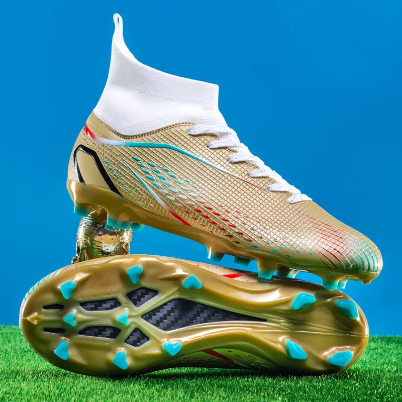 QIUTEXIONG Soccer Shoes Unisex High Top Aqua/White/Gold/Black-33