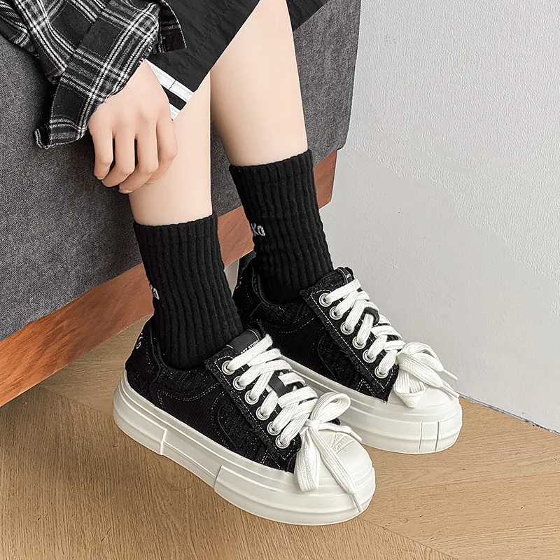 Hip Speed Breathable Abrasion Resistant Height Increasing Low Top Skateboard Shoes Unisex Black-6