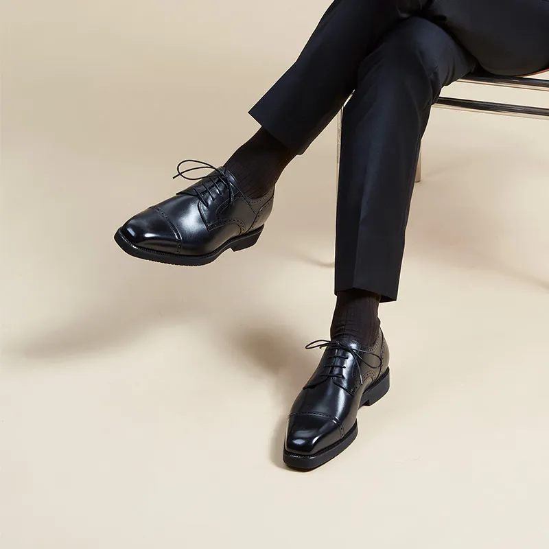 Zuti British Style Calfskin Embroidered Derby Shoes Casual Shoes Men's Black-5