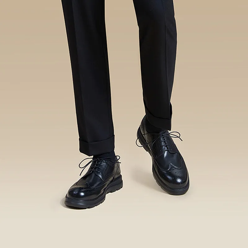 Zuti Brogue Embroidered Calfskin Derby Shoes Dress Shoes Men's Black-7