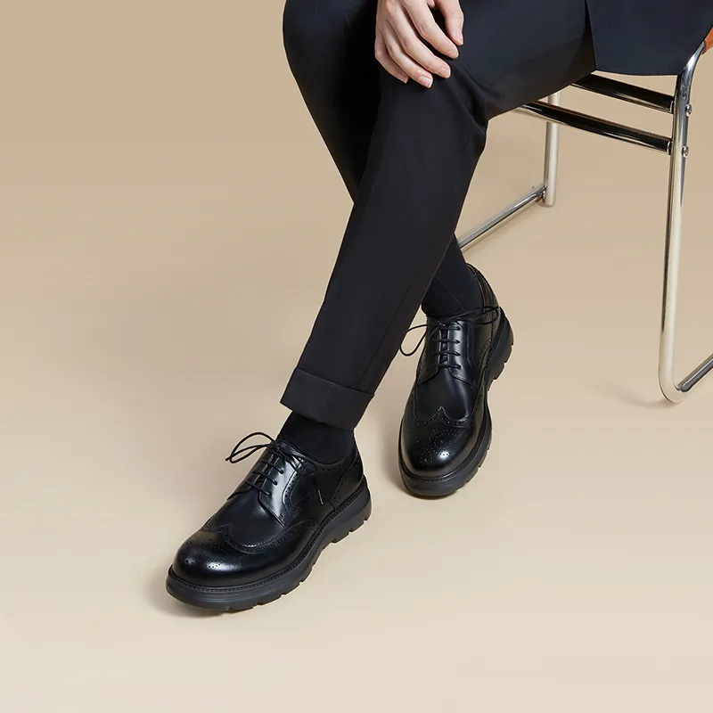 Zuti Brogue Embroidered Calfskin Derby Shoes Dress Shoes Men's Black-6