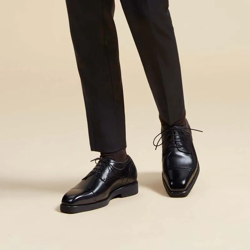 Zuti British Style Calfskin Embroidered Derby Shoes Casual Shoes Men's Black-6