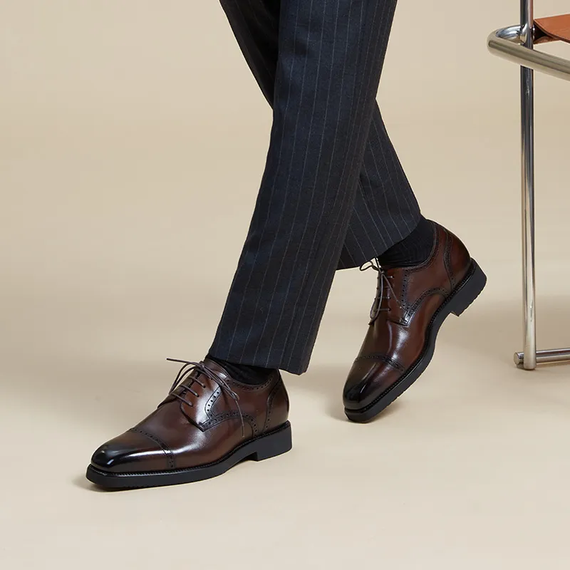 Zuti Brogue Embroidered Calfskin Derby Shoes Dress Shoes Men's Dark Brown Matte-5