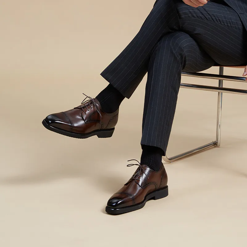 Zuti Brogue Embroidered Calfskin Derby Shoes Dress Shoes Men's Dark Brown Matte-6