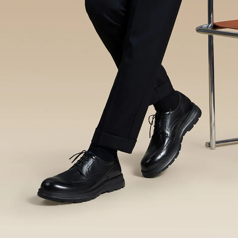 Zuti Brogue Embroidered Calfskin Derby Shoes Dress Shoes Men's Black-5
