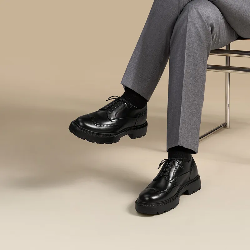 Zuti British Style Brogue Embroidered Derby Shoes Casual Shoes Men's Black-5
