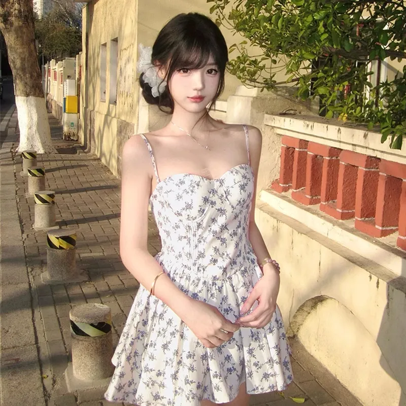 AFGGD Slip Dresses Women's White With Blue Floral-6