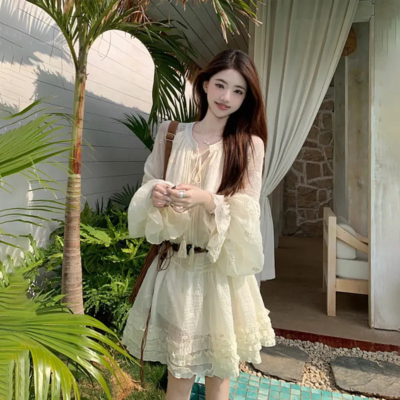 AFGGD Long Sleeved Dress Women's White-3