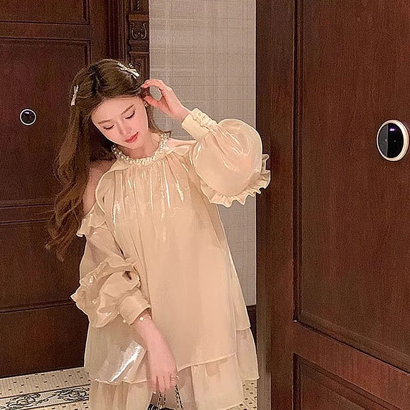AFGGD Long Sleeved Dresses Women's Apricot-3