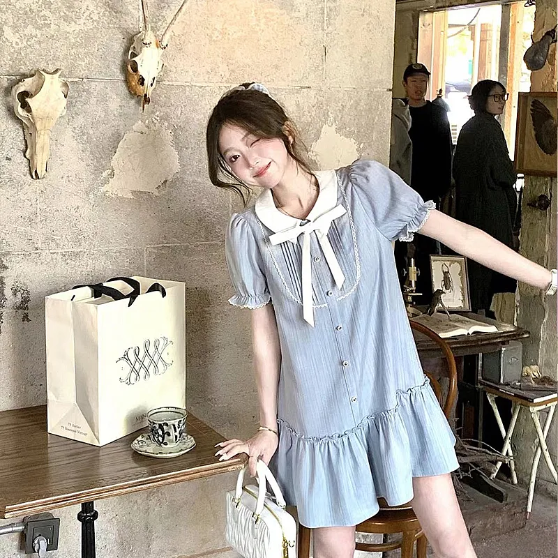 AFGGD Short Sleeved Dresses Women's Blue-4