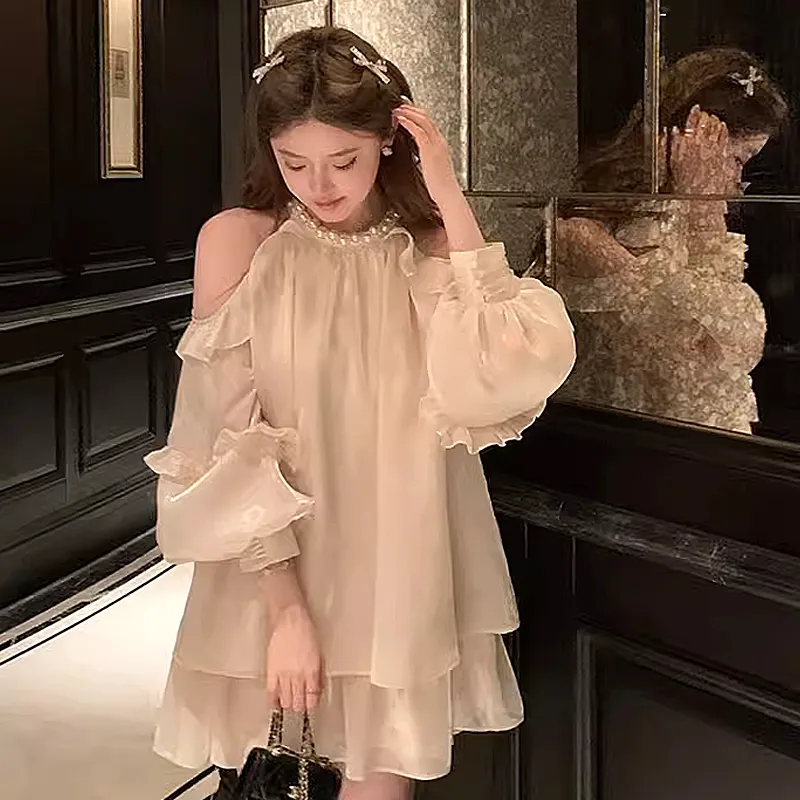 AFGGD Long Sleeved Dresses Women's Apricot-4