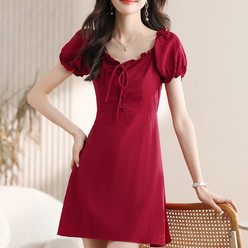 AFGGD Short Sleeved Dress Women's Red-5