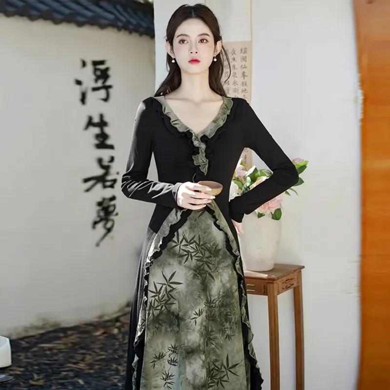 AFGGD Long Sleeved Dress Women's Black Dress-4