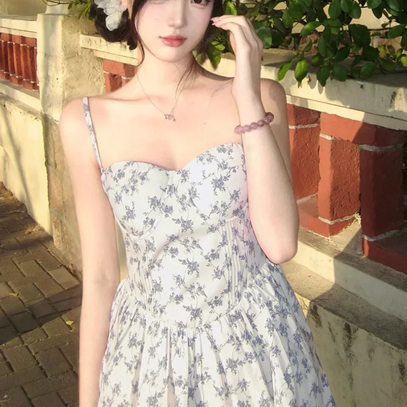 AFGGD Slip Dresses Women's White With Blue Floral-2