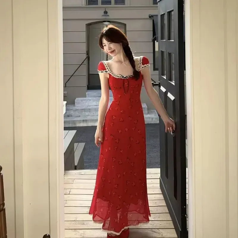 AFGGD Short Sleeved Dress Women's Red-5