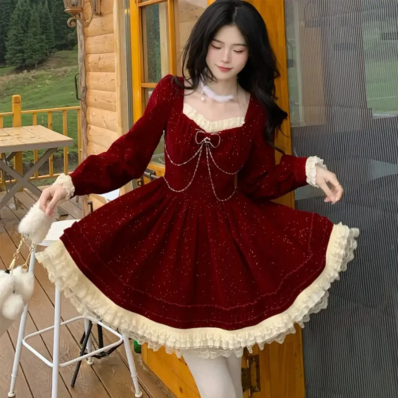 AFGGD Long-Sleeved Dresses Women's Red-2